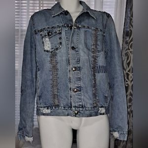 Hugo Boss Women Studded Frayed/Distressed Denim Jacket Size XL